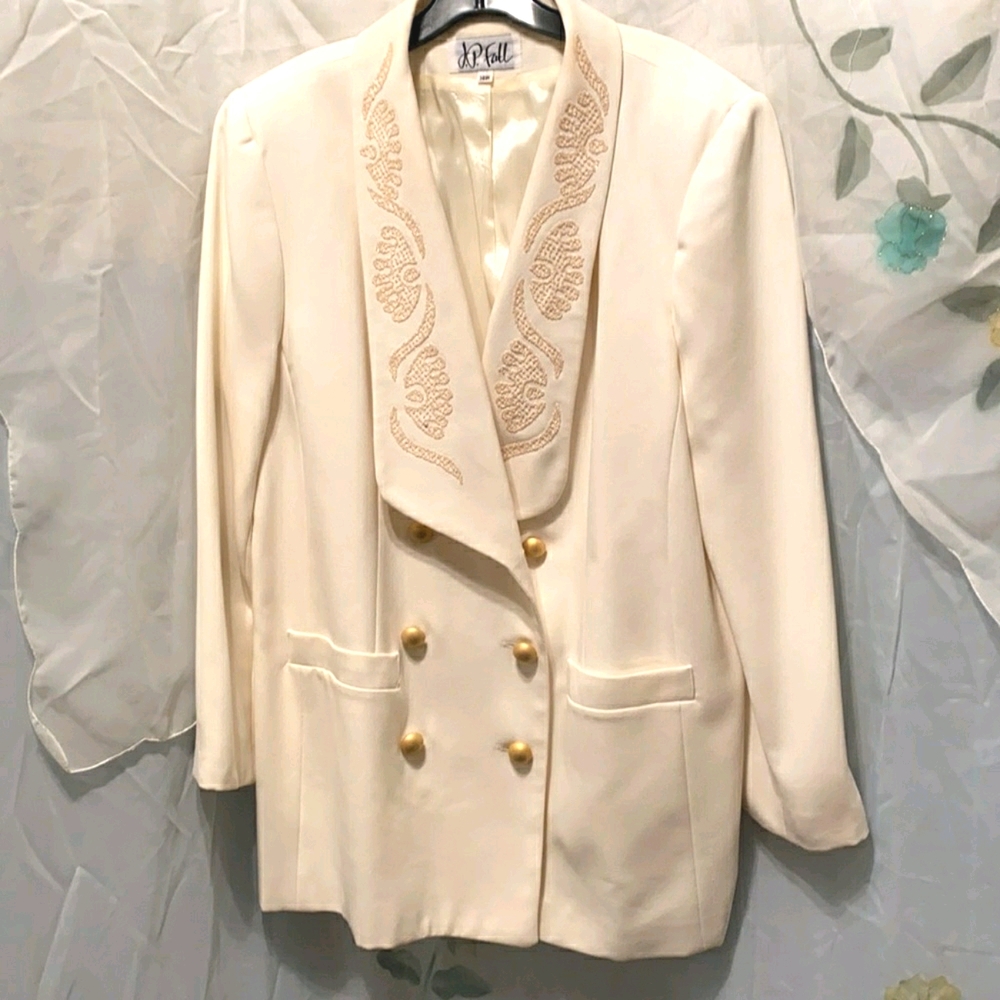 JP FALL BEADED DOUBLE BREASTED POLYESTER CREAM BLAZER SZ 14W